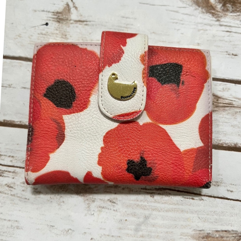 Buxton Bifold Wallet White Red Floral Poppy Gold Bird Logo Small OS